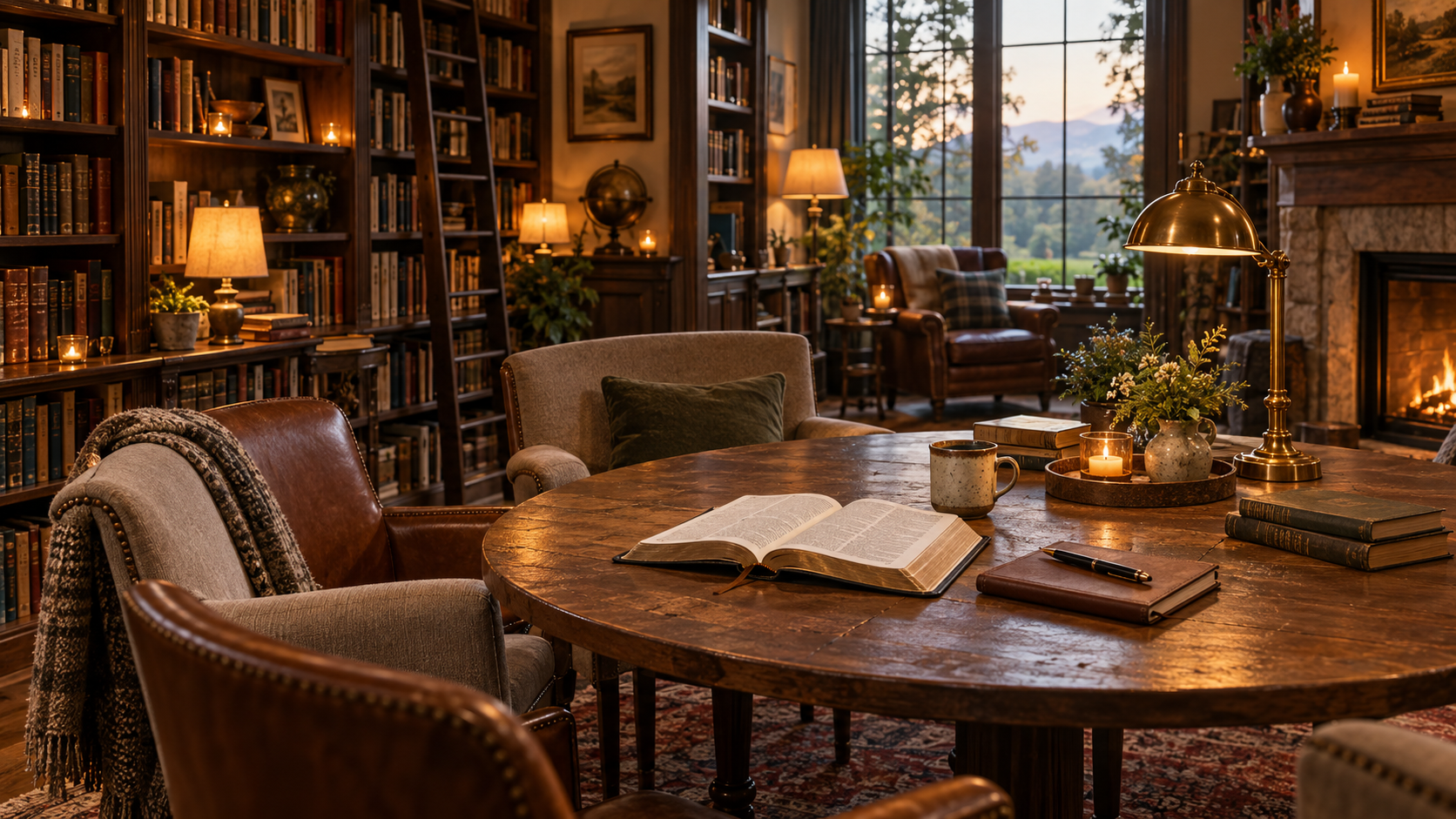 A warmly lit library with bookshelves, comfortable chairs, candles, and an open Bible and notebook on a wooden table.