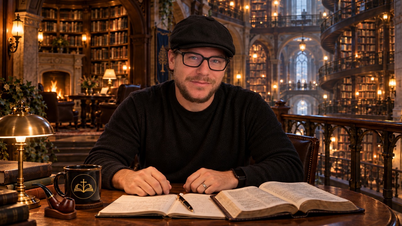 AI-created portrait of Nathan seated at a round wooden table with an open Bible and coffee mug in the warmly lit Providence Room library.