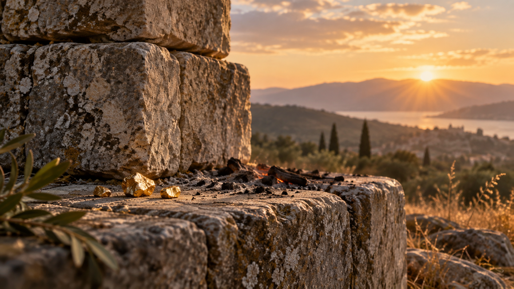 Small pieces of gold resting on weathered stone beside fading embers in the warm light of dawn.