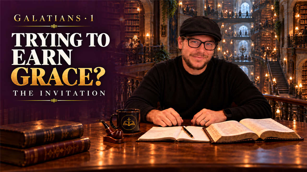Nathan at a library desk beside the words Galatians 1, Trying to Earn Grace?, and The Invitation.
