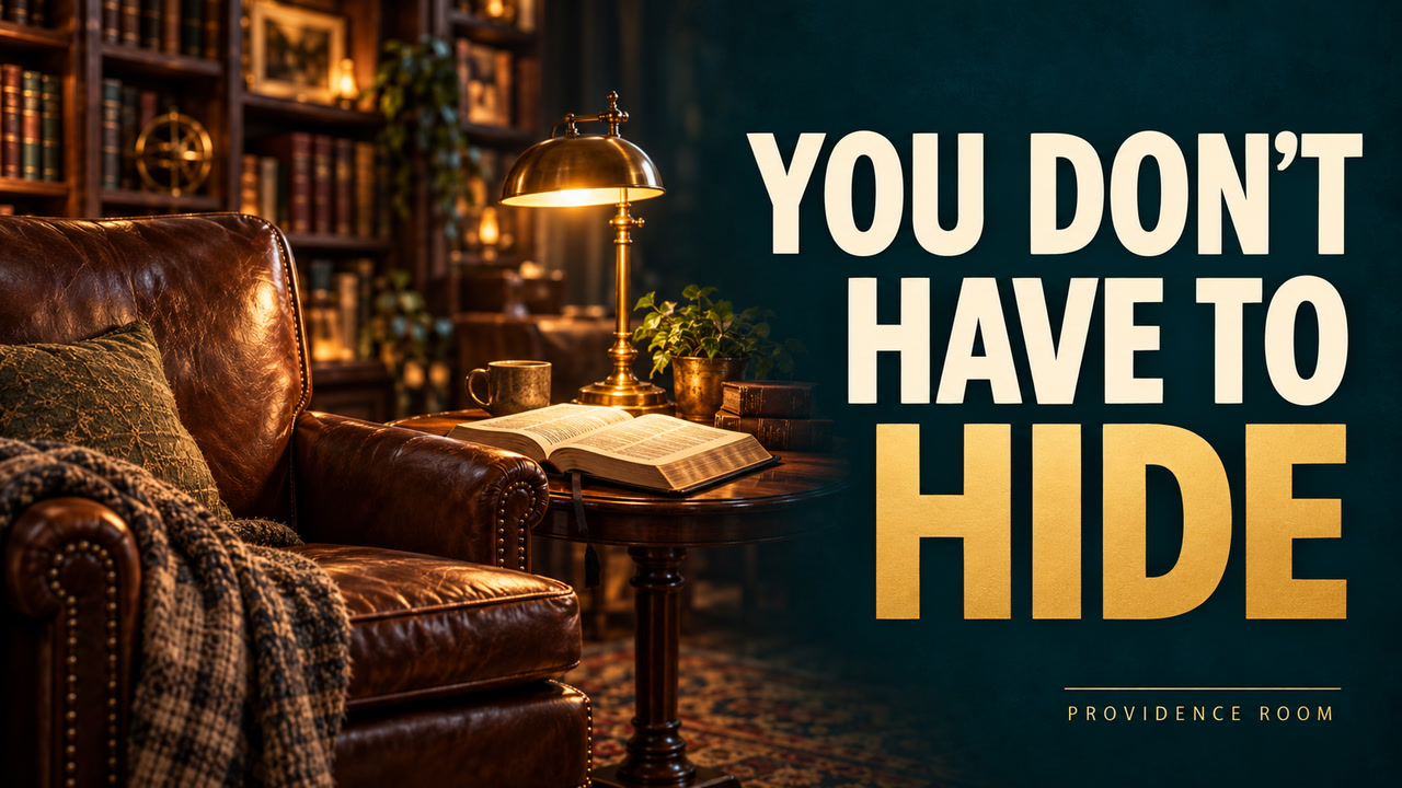 A leather chair beside an open Bible and a warm lamp, with the words “You Don’t Have to Hide” and “Providence Room.”