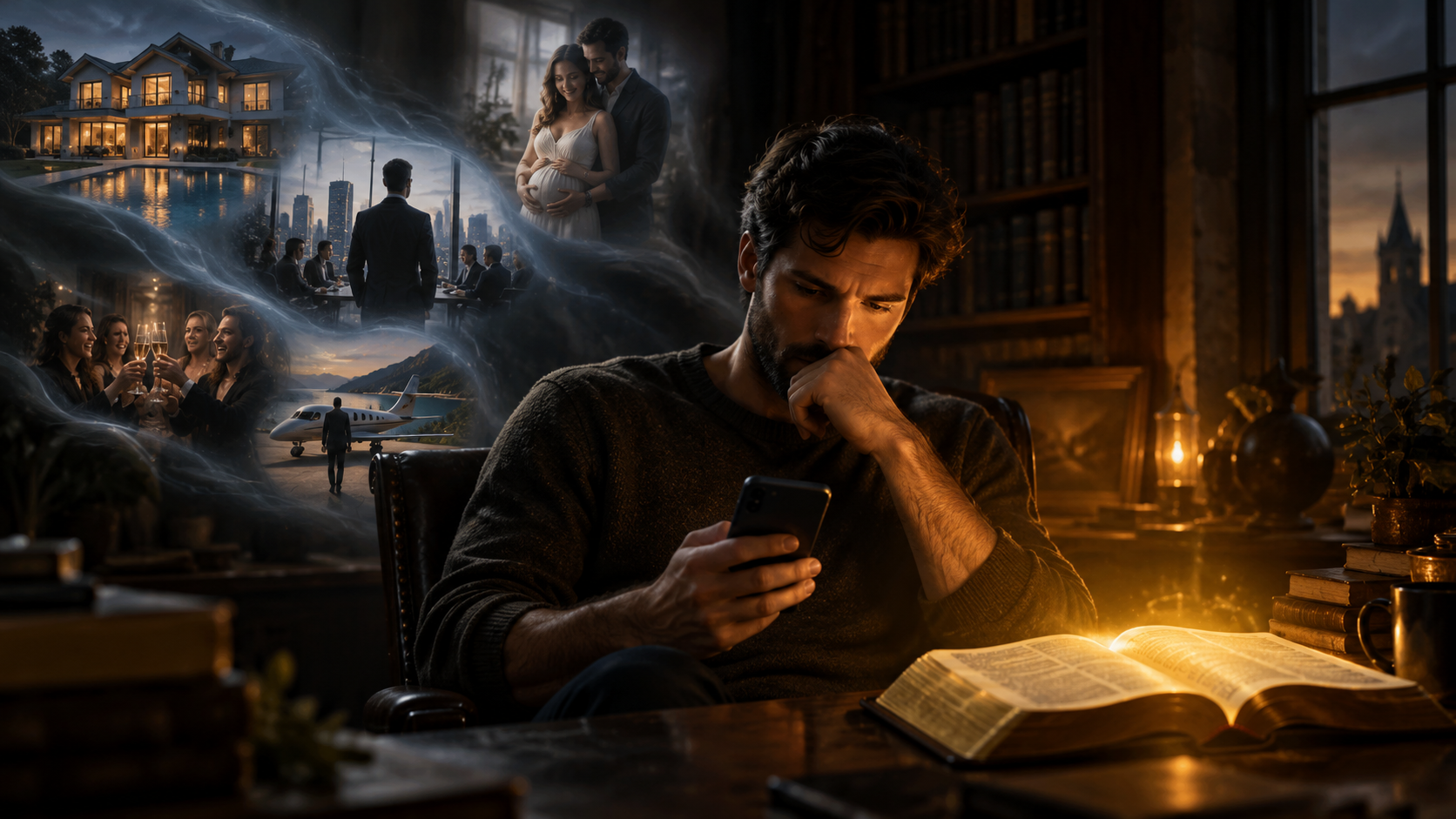 A contemplative man holds a phone in a dark library while dreamlike scenes of others’ success surround him; an open Bible rests in warm light.