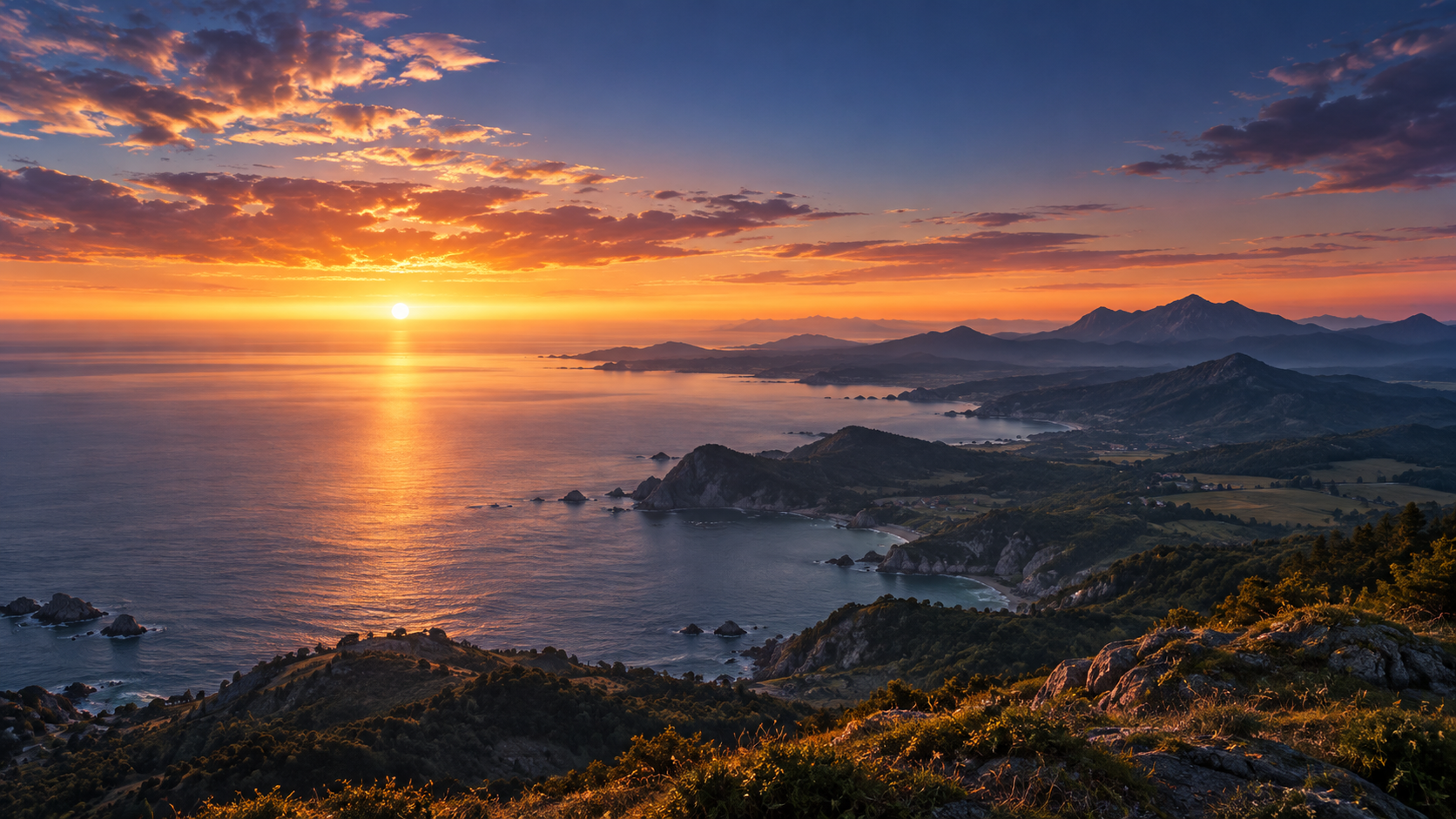 Golden light spreads across the sea beneath an amber and rose sky, with mountains and a quiet coastline stretching toward the horizon.