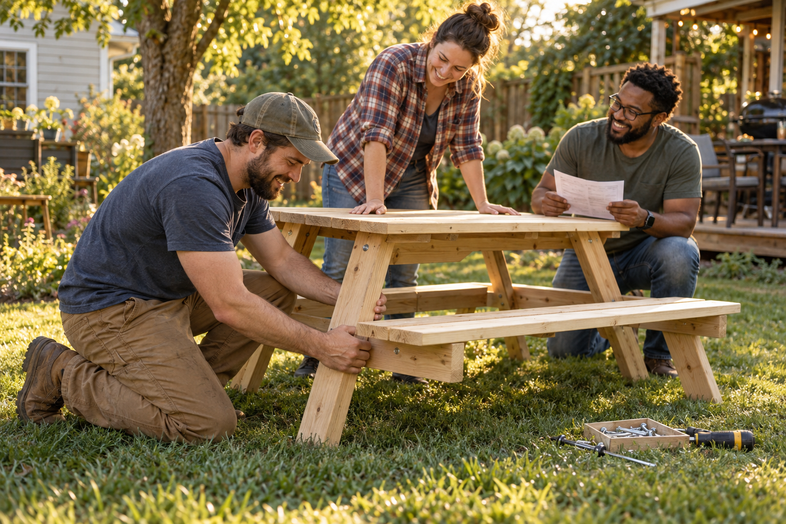 Three friends smile as they work together to assemble a wooden picnic table in a sunny backyard.