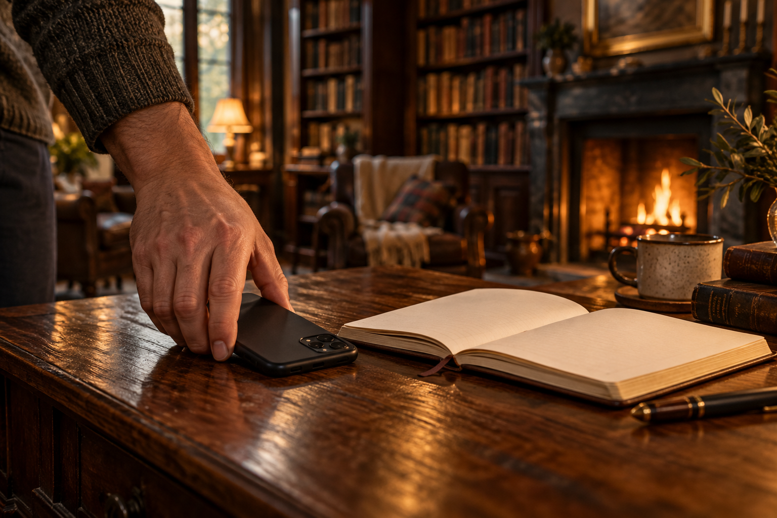A hand sets a phone face down beside an open journal in a warmly lit library.