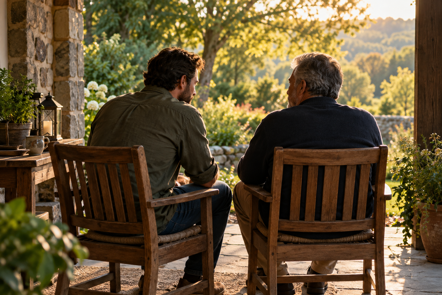 Two friends sit beside each other on a shaded porch overlooking a sunlit garden.